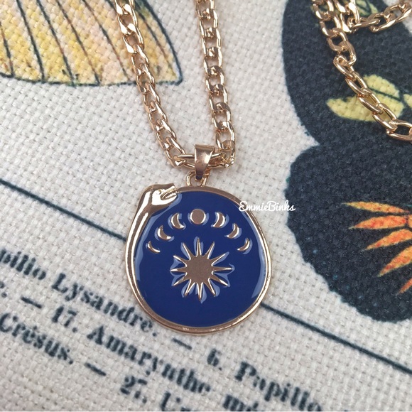 LAST 1 New Gold Plated Ouroboros Moon Phase Enamel Pendant Necklace - Gold Blue - Picture 2 of 13